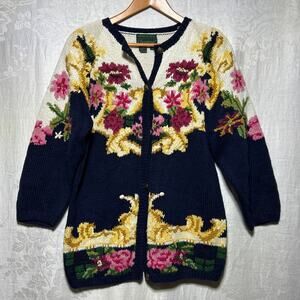 Vintage Cardigan Sweater Cream Navy Small Knitted by Hand Floral Granny Cottage